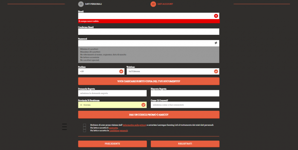 registrazione leovegas.it